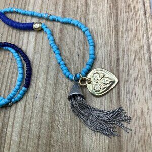 Chico's Blue Beaded Gold Heart Pendant Silver Tone Tassel Necklace
